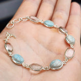 Solid 925 Sterling Silver & Natural Larimar With Quartz Handmade Chain Bracelet