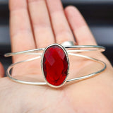 Solid 925 Sterling Silver & Natural Garnet Handmade Cuff Bracelet