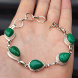 Solid 925 Sterling Silver & Natural Malachite Stone Handmade Chain Bracelet