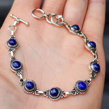 Solid 925 Sterling Silver & Natural Lapis Lazuli Handmade Chain Bracelet