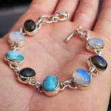 Solid 925 Sterling Silver & Natural Larimar, Moonstone, Labradorite Handmade Chain Bracelet