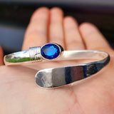 Solid 925 Sterling Silver & Natural Sapphire Rustic Handmade Cuff Bracelet