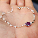 Solid 925 Sterling Silver & Natural Amethyst Rectangle Chain Bracelet