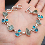 Solid 925 Sterling Silver & Natural Aquamarine With Blue Topaz Chain Bracelet