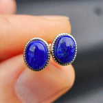 Natural Lapis Lazuli & Solid Silver Oval Stud Earrings