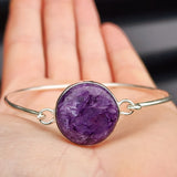 Solid 925 Sterling Silver & Natural Charoite Handmade Bangle Bracelet