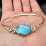 Solid Sterling Silver & Natural Larimar Rustic Handmade Bangle Bracelet