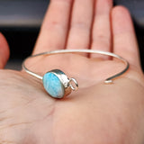 Solid Sterling Silver & Natural Larimar Rustic Handmade Bangle Bracelet