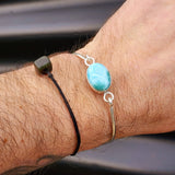 Solid Sterling Silver & Natural Larimar Rustic Handmade Bangle Bracelet