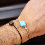 Solid Sterling Silver & Natural Larimar Rustic Handmade Bangle Bracelet