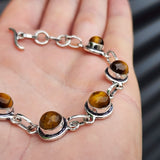 Solid 925 Sterling Silver & Natural Tigers Eye Handmade Chain Bracelet