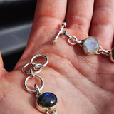 Solid 925 Sterling Silver & Natural Larimar, Moonstone, Labradorite Handmade Chain Bracelet