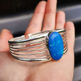 Solid 925 Sterling Silver & Created Opal Cage Cuff Bracelet