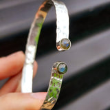 Solid 925 Sterling Silver & Natural Labradorite Rustic Handmade Hammer Finish Cuff Bracelet