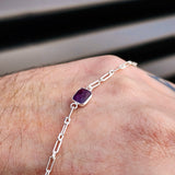 Solid 925 Sterling Silver & Natural Amethyst Rectangle Chain Bracelet