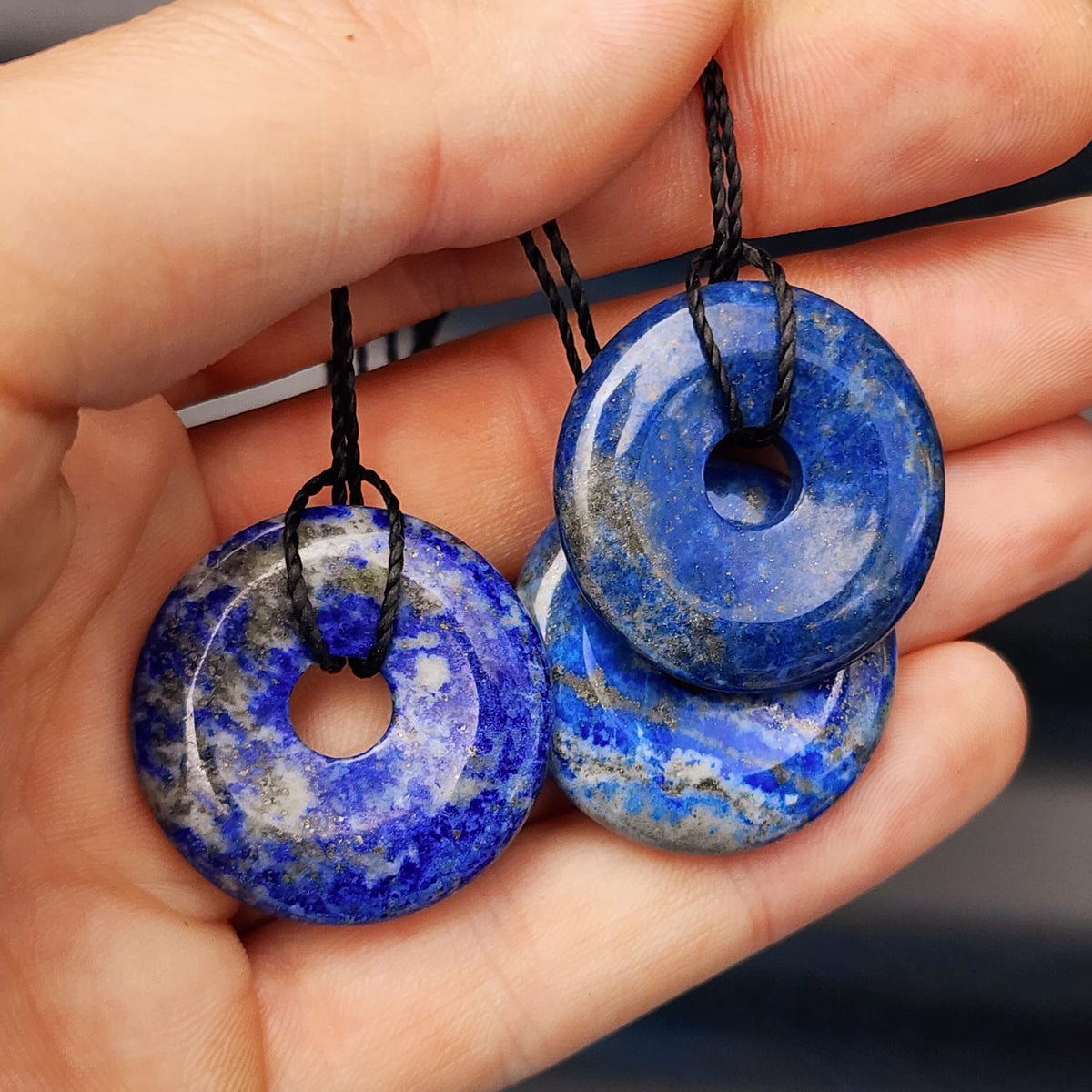 Pendentif Lapis Lazuli Ovale 21x12mm Doughnut Sur Jonc Acier Noir - Bijou Fantaisie Neuf, Fait Main