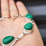 Solid 925 Sterling Silver & Natural Malachite Stone Handmade Chain Bracelet