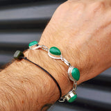 Solid 925 Sterling Silver & Natural Malachite Stone Handmade Chain Bracelet