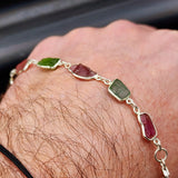 Solid 925 Sterling Silver & Natural Raw Mixed Tourmaline Chain Bracelet