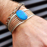 Solid 925 Sterling Silver & Created Opal Cage Cuff Bracelet