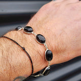 Solid 925 Sterling Silver & Natural Black Onyx Handmade Chain Bracelet