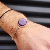 Solid 925 Sterling Silver & Natural Charoite Handmade Bangle Bracelet
