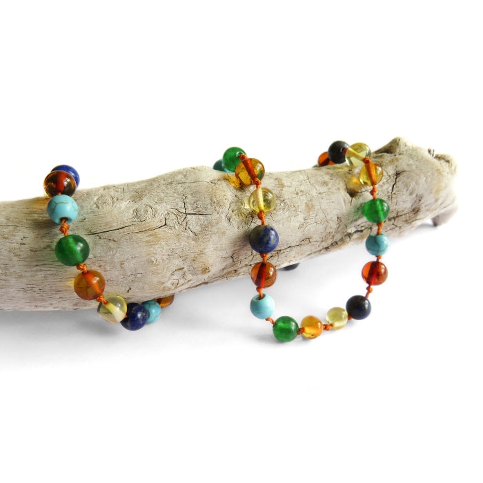 Amber Teething Necklace Polished Amber Jade Turquoise Lapis Lazuli