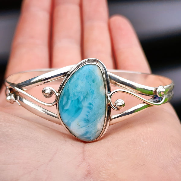 Solid Sterling Silver & Natural Irregular Shaped Larimar Handmade Bangle Bracelet