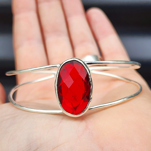 Solid Sterling Silver & Natural Garnet Handmade Cuff Bracelet