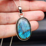 Solid Sterling Silver & Natural Labradorite Handmade Oval Pendant & Chain Necklace