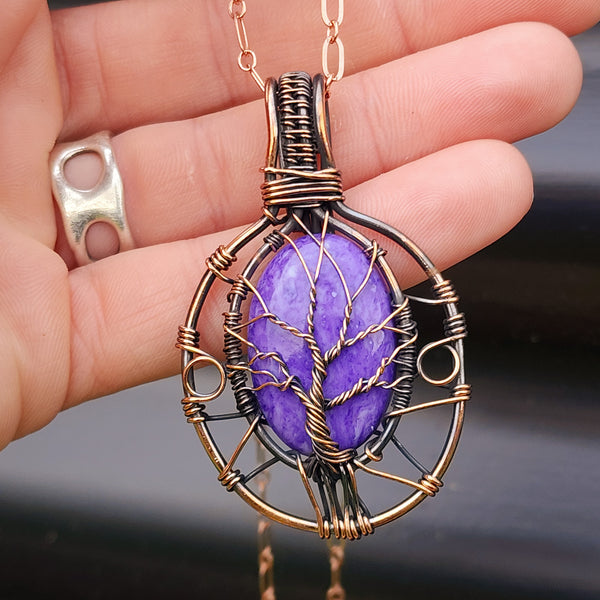 Handmade Copper & Natural Charoite Wire Wrap Necklace