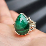 (Q) Solid Sterling Silver & Natural Malachite Handmade Rustic Solitaire Ring