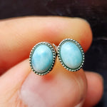 Natural Larimar & Solid Silver Round Stud Earrings