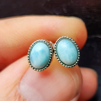Natural Larimar & Solid 925 Sterling Silver Round Stud Earrings