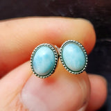 Natural Larimar & Solid 925 Sterling Silver Round Stud Earrings