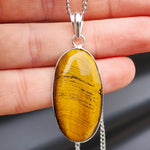 Silver Plated & Natural Tiger Eye Handmade Oval Pendant & Chain Necklace (30X2)
