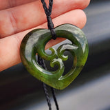 Nephrite Jade / Greenstone Triple Koru Heart Pendant Necklace