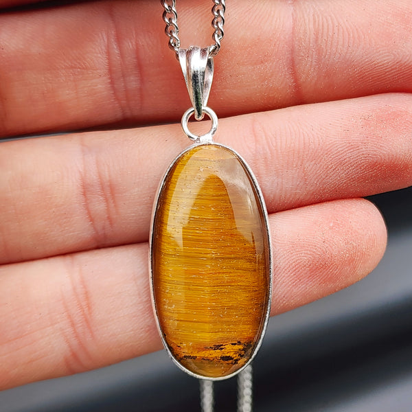 Silver Plated & Natural Tiger Eye Handmade Oval Pendant & Chain Necklace (30X17)