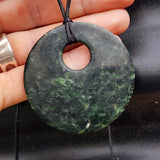 NZ Greenstone Pounamu Disk Pendant Necklace (N419)
