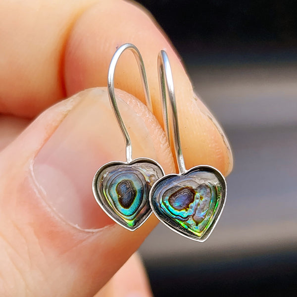Solid 925 Sterling Silver & Paua Heart Hook Earrings