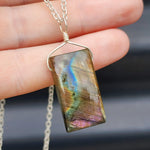 Solid Sterling Silver & Natural Labradorite Rectangle Pendant & Chain Necklace