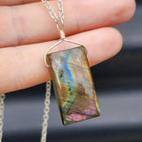 Solid Sterling Silver & Natural Labradorite Rectangle Pendant & Chain Necklace