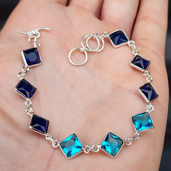 Solid Sterling Silver & Natural Blue Topaz & Sapphire Handmade Chain Bracelet