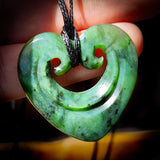 NZ Greenstone Pounamu Double Koru Heart Carved Pendant Necklace (N602)