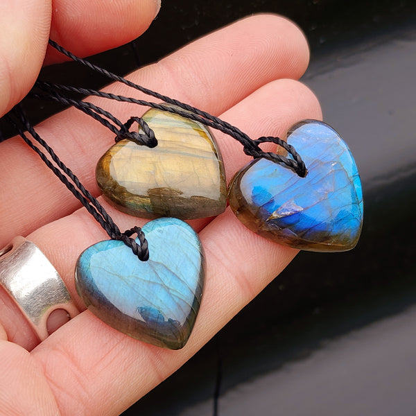 Natural Hand Carved Labradorite Heart Pendant Necklaces