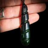 NZ Greenstone / Pounamu Dark Twist Drop Pendant Necklace (N677)