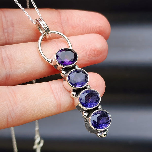 Handmade Solid Sterling Silver & 4x Setting Natural Amethyst Pendant Necklace