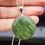 Solid Sterling Silver & Natural Nephrite Greenstone Handmade Round Pendant Necklace
