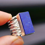 (T) Solid Sterling Silver & Natural Lapis Lazuli Rectangle Cage Band Handmade Ring