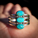 CLEARANCE (M) Solid 925 Sterling Silver & Natural Turquoise 3 Setting Cage Ring